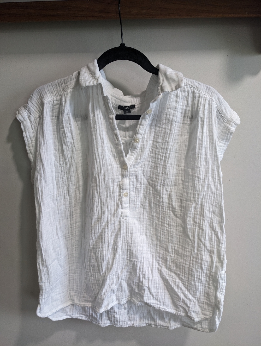 Ann Taylor White Cotton gauze collared Button Short Sleeve Top Petite L Coastal